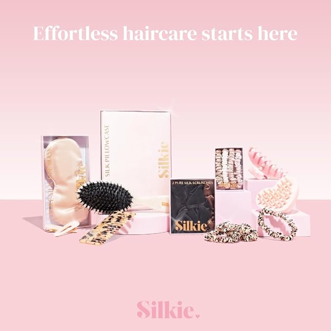 SILKIE x6 Set 100% Pure Mulberry Silk Black Brown Chocolate Pink Nude Neutral Skinny Scrunchies Travel Pouch Everyday Hair Ties Elastics Hair Care Ponytail Holder No Damage (Truffle)