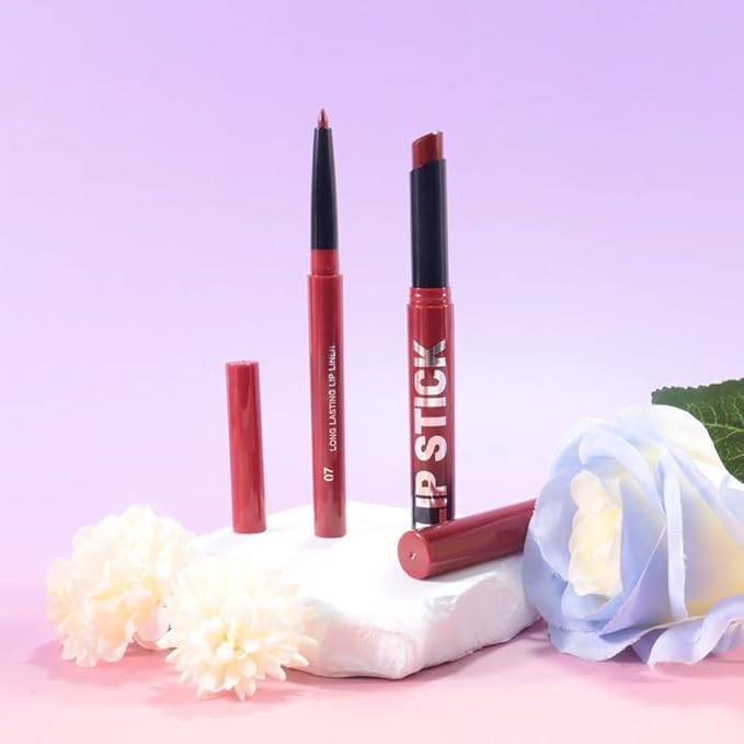 AMY'S DIARY 2Pcs Deep Red Lipstick and Lip Liner Combo, Lip Liner and Lip Stick Kit for Women, Matte Lip Pencil and Smooth Hydrating Lipstick, Non-Stick Lip Makeup Set (07#Wine Red)