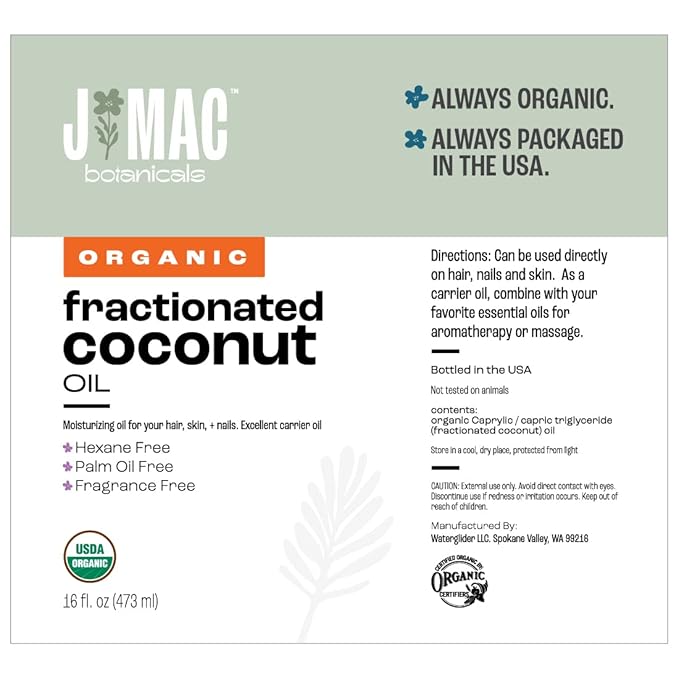 J Mac Botanicals, Organic Fractionated Coconut Oil (32 oz - 2 Pack 16 Ounce Bottles) Carrier Oil for diluting Essential Oils, Hair and Skin Conditioner, Massage