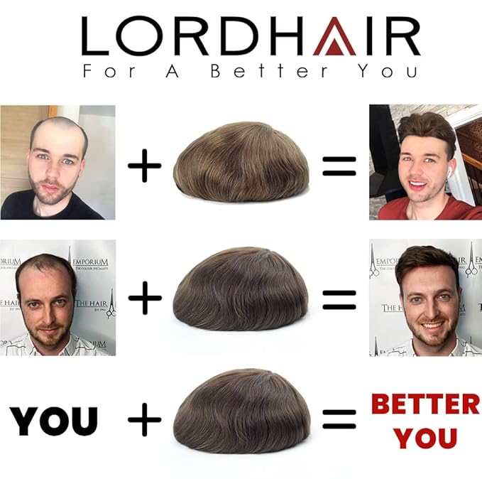 Lordhair Toupee for Men European human hair Full French Lace Hairpieces,Base Size 8x10 inch Hair Replacement System for Men Natural Hairline Human Hair Wig#7Light Brown
