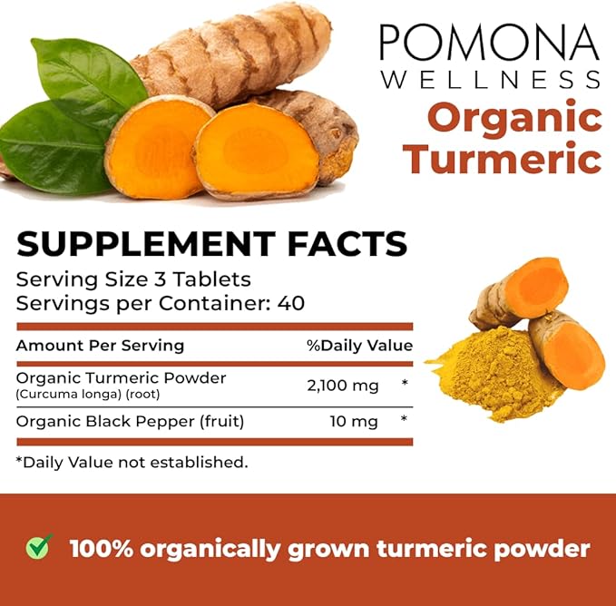 Pomona Wellness Organic Turmeric Supplement 2100 mg, USDA Organic, Non-GMO, Vegan, Turmeric Curcumin with Black Pepper for Absorption, for Joint Support and Immunity, 120 Tablets