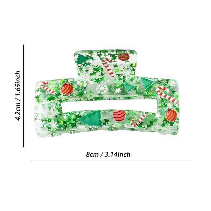 Christmas Hair Clips, Square Hair Claw Clips for Thick/Thin Hair, Green Glitter Snowflake Christmas Tree Design Medium Claw Clips, Strong Hold & Non-Slip Hair Styling Accessories for Xmas 1PCS