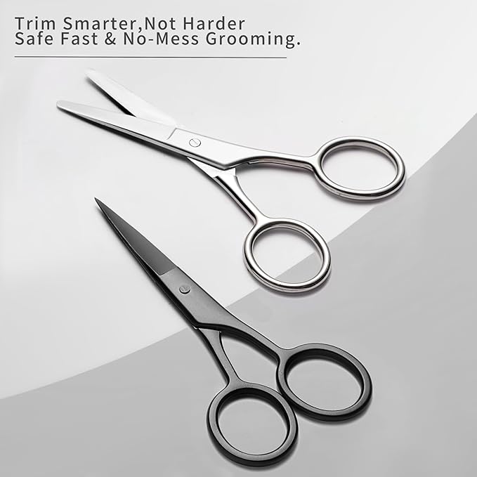 2PCS Small Grooming Scissors for Men and Women, Facial Hair Trimming Scissors with Straight & Rounded Safety Tips for Eyebrows, Nose Hair, Beard, Mustache, Eyelashes, and Ear Hair - Silver & Black