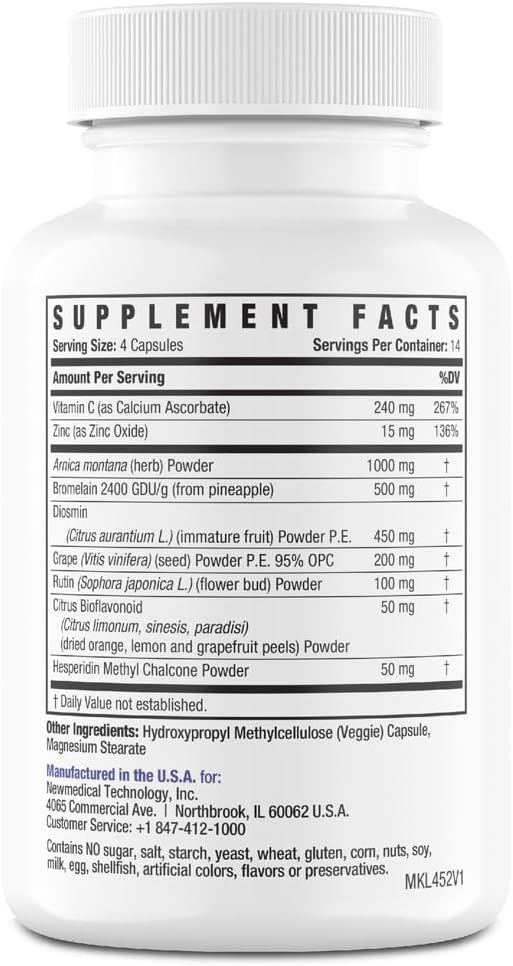 Arnica 1,000mg and Bromelain 500mg 2,400GDU/g Supplement for Bruising and Swelling, Easy to Swallow Capsules (14-Day Supply) - Advanced Bruise Treatment Formula