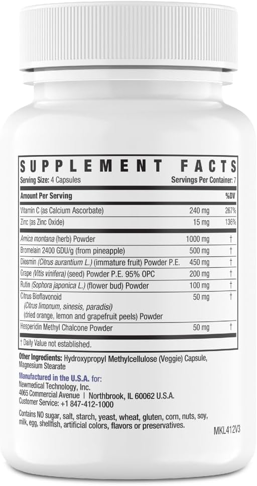 Arnica 1,000mg and Bromelain 500mg 2,400GDU/g Supplement for Bruising and Swelling, Easy to Swallow Capsules (7-Day Supply) - Advanced Bruise Treatment Formula