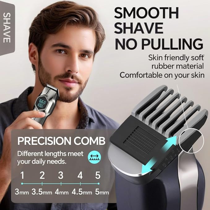 5-in-1 Electric Beard Trimmer Body Hair Trimmer Kit, Professional Cordless Hair Clippers for Men Rechargeable, IPX7 Waterproof Mens Grooming Kit for Face, Mustache, Body, Nose, Gifts for Men (Silver)