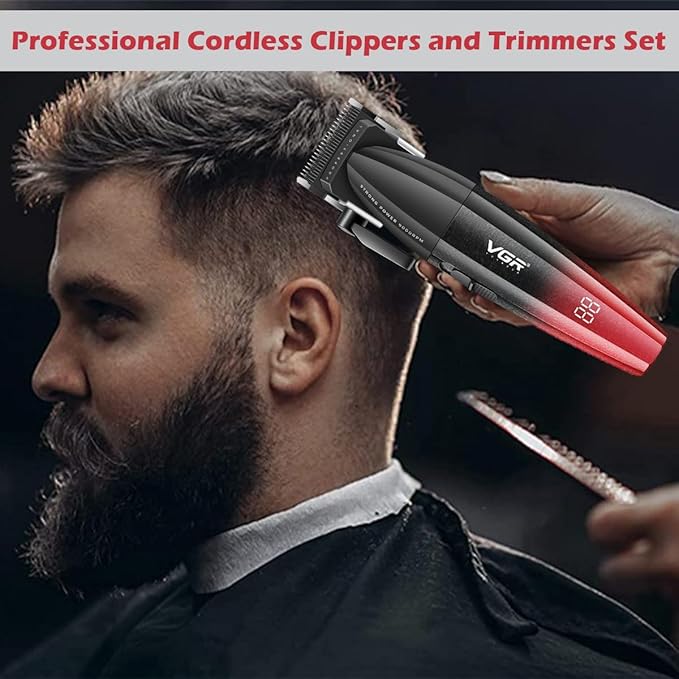 VGR 640 Professional Hair Clippers for Men, 9000RPM Cordless Barber Clippers and Trimmers Set, Zero Gap T-Blade Hair Cutting Kit, DLC Coated Ceramic Blade Barber Kit with LED Display(Red)
