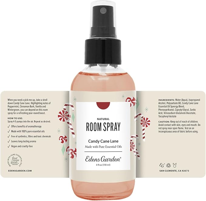 Edens Garden Candy Cane Lane Natural Room & Linen Spray – 100% Pure Essential Oil Holiday Mist for Christmas, Linens & Home – Non-Toxic, Long-Lasting Scented Aromatherapy Spray, 4 fl oz (118 ml)