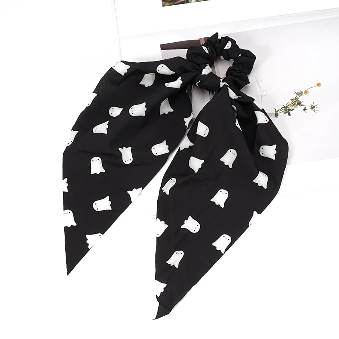 Halloween Hair Ties for Women Girls Soft Fall Ghosts Hair Scrunchies Spooky Black White Hair Tie Ribbon Hair Bows Ponytail Holder Hair Accessories