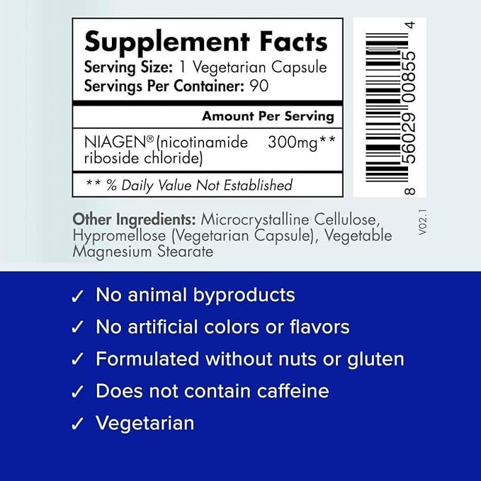 TRU NIAGEN Patented NAD Supplement for Anti Aging and Cell Regeneration, 300 mg Niagen, 90 Servings | Supports Cellular Energy, Brain, Muscle | Nicotinamide Riboside (NR) Take 1 Daily | 2 Bottles