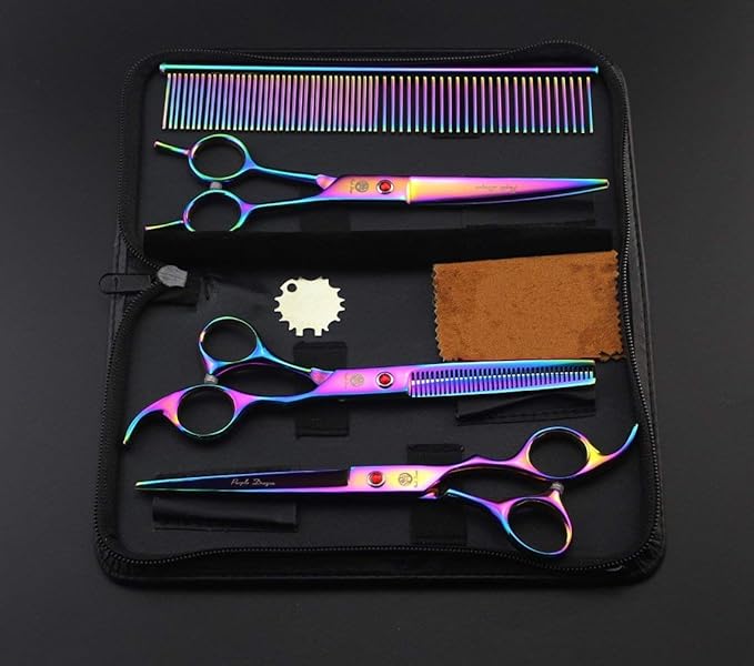Purple Dragon 7.0 inch Rhinestone Decoration 3PCS Pet Grooming Scissors Dog Hair Cutting & Thinning Shears Set