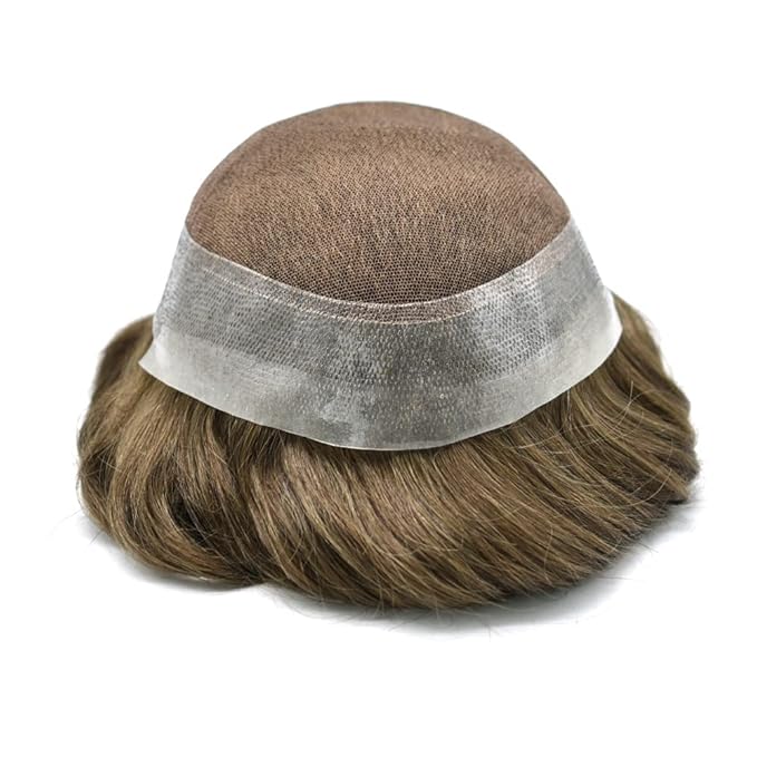 Mens Toupee Human Hair Piece French Lace Toupee for Man Hair System Indian Human Hair Replacement Systems V-Looped PU Front Hairpieces 7"X9" 6# LIGHT BROWN