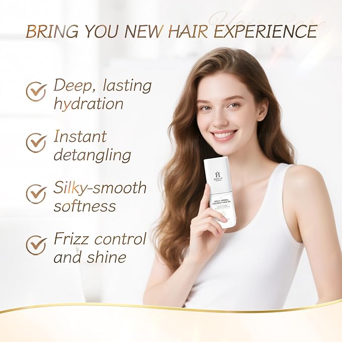 HOLLY HERBAL Coconut Oil Hair Mist - Weightless Leave-In Treatment with 6 Plant Extracts - Frizz-Free, Moisturizing & Shine, Paraben & Sulfate-Free (2.7 Fl Oz)