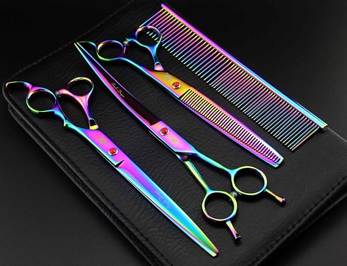Purple Dragon 8 inch 3 in 1 Professional Pet Grooming Thinning Scissors - Upward Curved Shears and Dog Hair Cutting Scissor - Perfect for Pet Groomer or Family DIY Use (Rainbow)