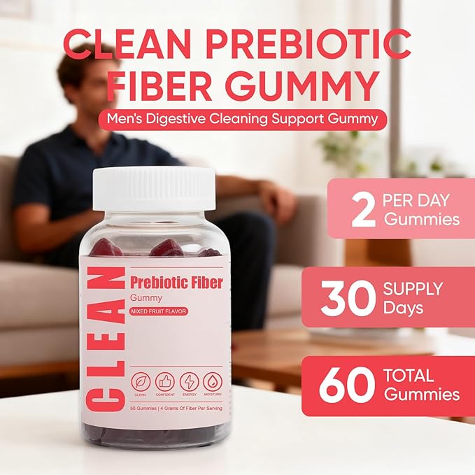 Clean Prebiotic Fiber Gummy, Clean Fiber Gummies for Men, Men Prebiotic Supplement for Digestive Gut Health, Non-GMO, 60 Gummies / 4g Fibers Per Serving