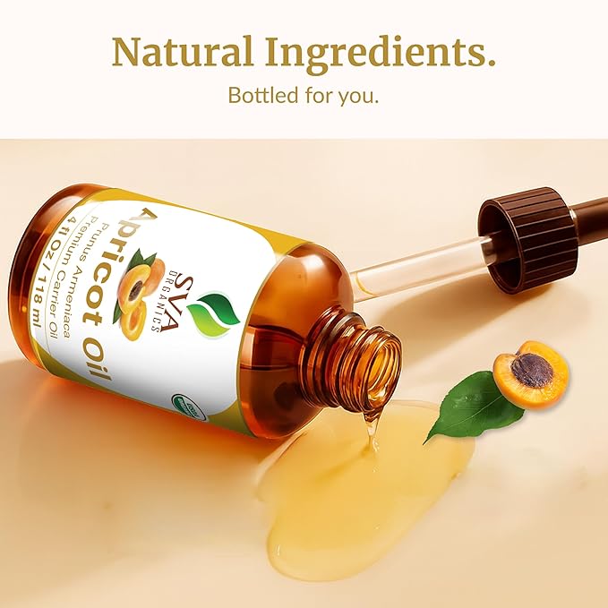 SVA Apricot Seed Oil Organic - 4 Fl Oz – 100% Natural Cold Pressed Organic Apricot Oil - for Face, Skin Care, Hair Care, Scalp Massage & Body Massage – Carrier Oil with Dropper