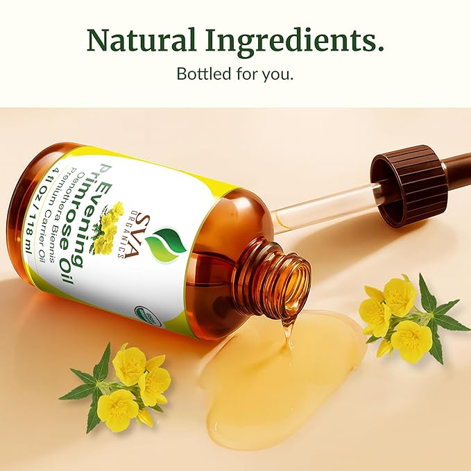 SVA Evening Primrose Oil Organic - 4 Fl Oz – 100% Natural Cold Pressed Organic Evening Primrose Oil - for Face, Skin Care, Hair Care, Scalp Massage & Body Massage – Carrier Oil with Dropper