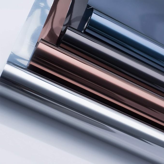 HIDBEA One Way Window Film, Daytime Privacy Sun Blocking Reflective Window Film No Glue Static Cling Heat Control Window Tinting Film for Home and Office, Black Silver, 35.4 x 196.8 Inch