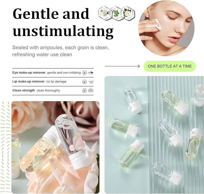 2 in 1 Disposable Makeup Remover Set, Portable Mini Liquid Remover Oil serum 10 Pieces, Includes 20 Remover Cottons, Natural Deep Cleanser for Face, Portable Skincare Facial Oil