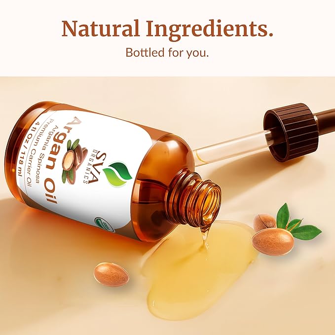 SVA Argan Oil Organic - 4 Fl Oz – 100% Natural Cold Pressed Organic Argan Oil - for Face, Skin Care, Hair Care, Scalp Massage & Body Massage – Carrier Oil with Dropper