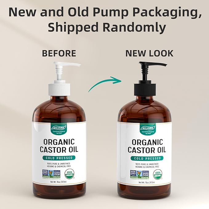 SYLVANA Organic Castor Oil with Pump (16oz Glass Bottle), USDA Certified Organic, Cold Pressed, Hexane Free, Vegan - 100% Pure Castor Oil for Hair Growth, Nourishing Skin, Lashes & Eyebrows
