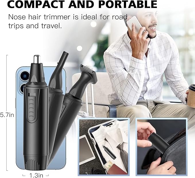 Nose Hair Trimmers for Men,Rechargeable Hair Trimmer 3 in 1 Painless Multifunctional Ear and Nose Hair Trimmer with IPX7 Waterproof Dual Edge Blades (Ink Black)