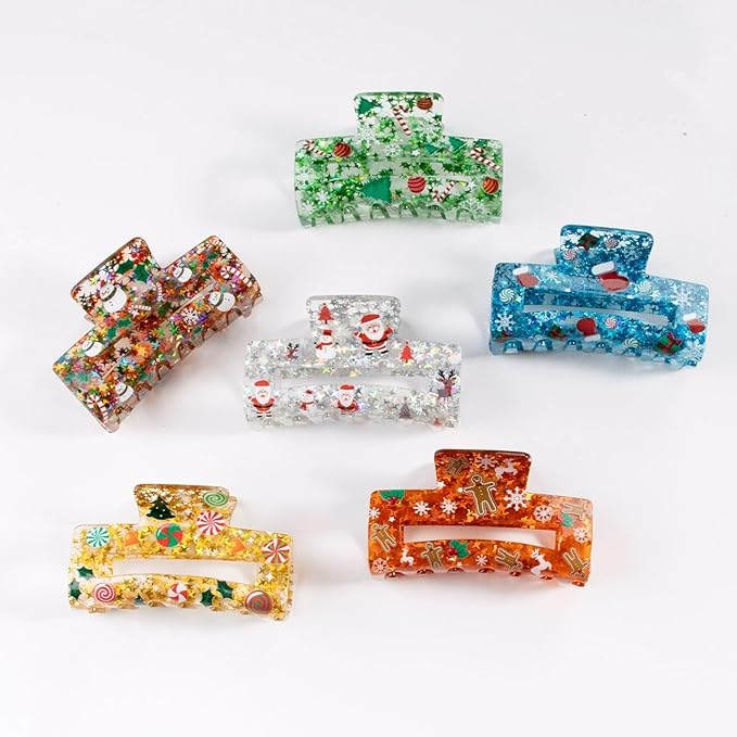 Christmas Hair Clips, Square Hair Claw Clips for Thick/Thin Hair, Orange-Red Glitter Gingerbread Man Snowflake Design Medium Claw Clips, Strong Hold & Non-Slip Hair Styling Accessories for Xmas 1PCS