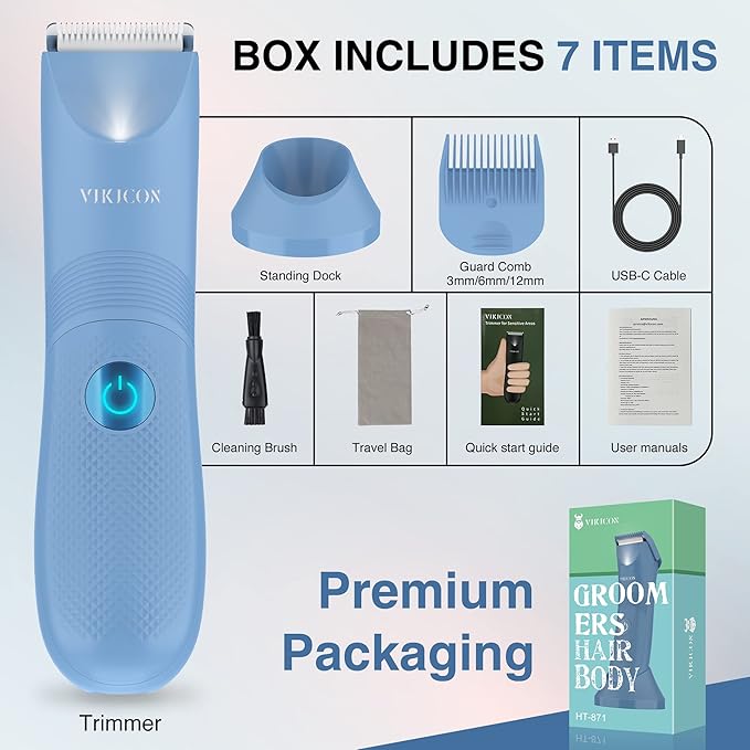 VIKICON Bikini Trimmer for Women: Painless Electric Pubic/Leg Shaver w/Light, Ceramic Hypoallergenic Blade, Waterproof Cordless Razor for Sensitive Skin, Travel-Ready Body Groomer, Gift for Her