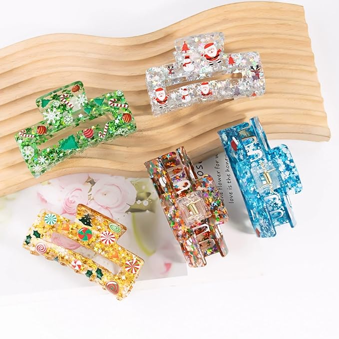 Christmas Hair Clips, Square Hair Claw Clips for Thick/Thin Hair, Yellow Glitter Cane Candy Christmas Tree Design Medium Claw Clips, Strong Hold & Non-Slip Hair Styling Accessories for Xmas 1PCS