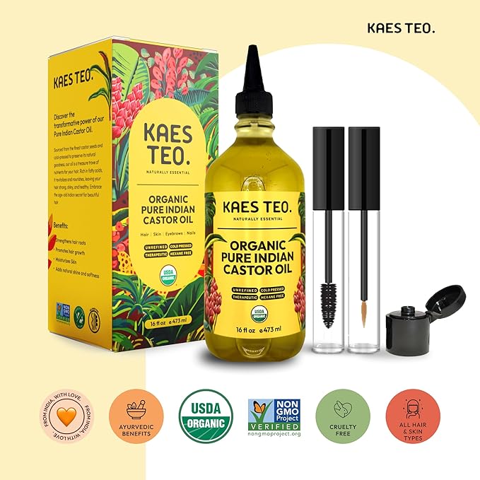 Cold Pressed Organic Castor Oil Hexane Free - 16 Fl Oz - 100% Pure, Natural - Premium Grade Carrier Oil for Hair Growth, Eyelashes and Eyebrows, Skin, Nails, Face & More, Castor Oil Packs