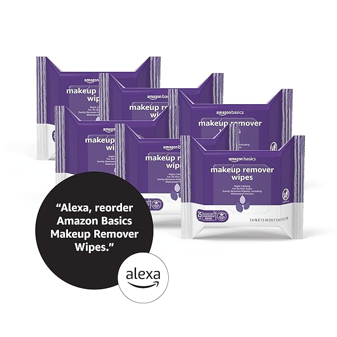 Amazon Basics Makeup Remover Wipes, Gentle Cleansing, Dermatologist Tested, Night Calming, Plant Based, Alcohol-Free, Removes Waterproof Mascara, 25 Count Per Pack, Pack of 6