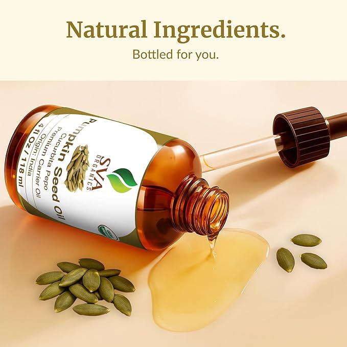 SVA Pumpkin Seed Oil Organic - 4 Fl Oz – 100% Natural Cold Pressed Organic Pumpkin oil - for Face, Skin Care, Hair Care, Scalp Massage & Body Massage – Carrier Oil with Dropper