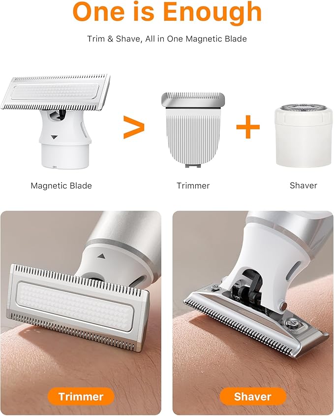 New 2 in 1 Body & Nose Hair Trimmer - Electric Beard Razor for Men, All-in-One Groomer with Magnetic Nose Hair Head, Waterproof Wet/Dry Use, Groin/Ball Shaver, USB-C Fast Charging,White(Solo)