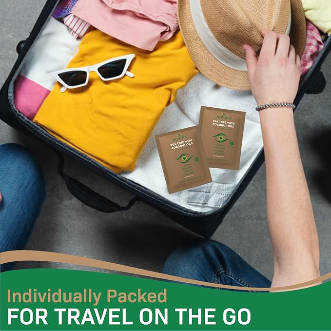 NOVEHA 60PCs Tea Tree & Coconut Oil Eyelid & Lash Wipes - For Demodex, Blepharitis & Itchy Eyes, Individually Wrapped Eyelash Wipes With Aloe Vera, Natural Makeup Remover & Daily Eye Cleanser