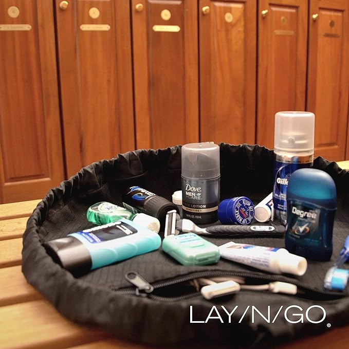 Lay-n-Go Drawstring Toiletry Bag - Water-Resistant 4-In-1 Lay Flat Toiletry Bag - Durable, Easy-To-Clean Travel - For Men & Women - Machine Washable & Compact (20", Black)