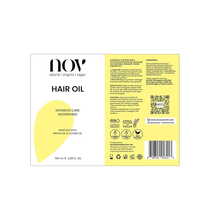 NOV Intensive Care Nourishing Hair Oil - Organic Olive and Argan Hair Growth Oil - Revitalize and Hydrate - Reduce Breakage and Split Ends - 3.38 oz