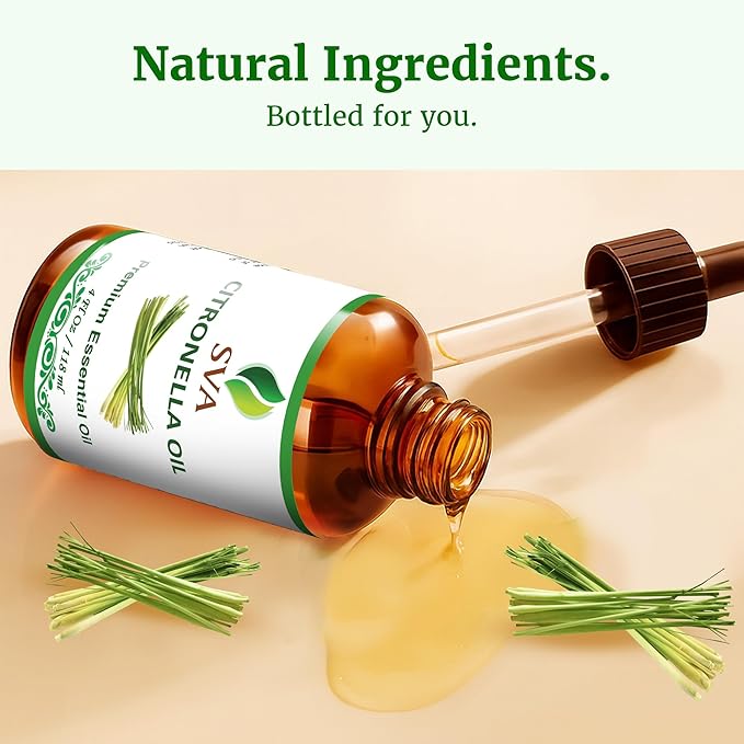 SVA Citronella Essential Oil – 4 Fl Oz – 100% Natural Citronella Oil - for Diffuser, Hair Care, Face, Skin Care, Aromatherapy, Scalp and Body Massage, Soap and Candle Making - with Dropper