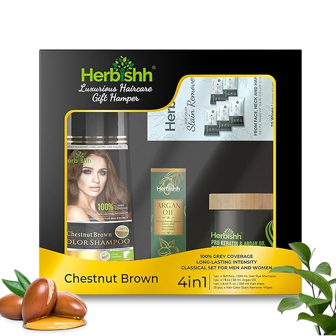 Herbishh Hair Color Shampoo for Gray Hair – Natural Hair Dye Shampoo – Lasts Up To 3-4 Weeks – 500ML – 3-In-1 Hair Color – Colors, Cleanses, and Conditions (Chestnut Brown Giftset)