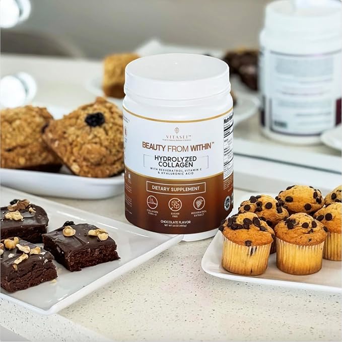 Hydrolyzed Collagen Peptides Powder with Vitamin C & Resveratrol - Hair, Skin and Nails Vitamins for Women & Men - Bone and Joint Supplement - Chocolate Flavored - 16 oz