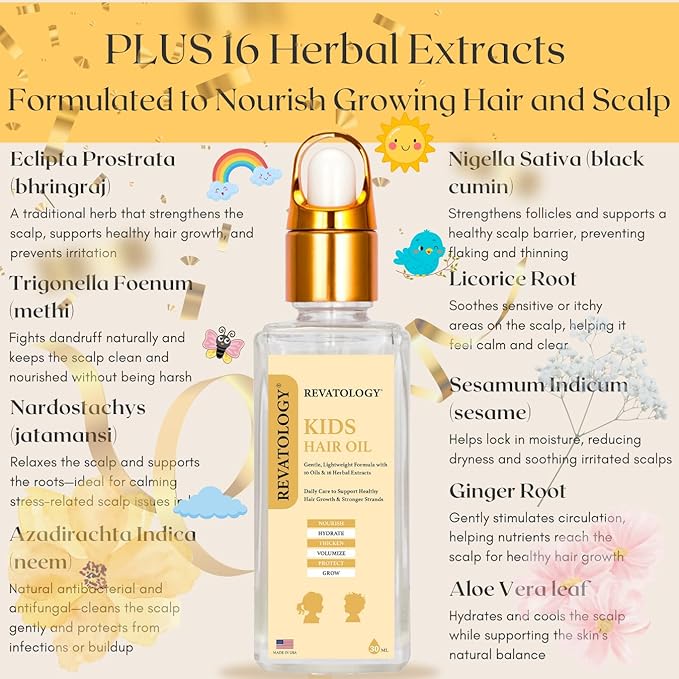 REVATOLOGY Kids & Baby Hair Growth Product High Potency Scalp & Hair Oil (Made in USA) 26 Cold-Pressed Botanicals for all Ages and Hair types -Thin, Curly, Thick Hair | Cruelty & Chemical Free