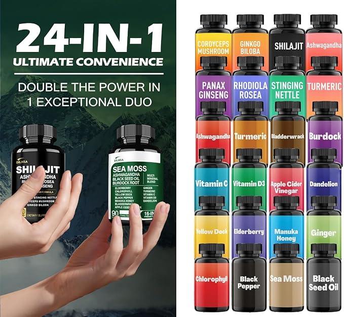 Shilajit 9000mg, Sea Moss 17500mg, Ginger & Black Seed Oil 4000mg, Ashwagandha 5000mg, Rhodiola Rosea, 1000mg Panax Ginseng 1500mg, All in 1 Supplement - Sea Moss & Shilajit Vitality Bundle