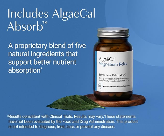 AlgaeCal Magnesium Relax™ - Chelated Magnesium with Ashwagandha for Sleep & Occasional Anxiety - Glycinate, Malate, Citrate - Sleep, Mood, & Cortisol Support (60 Caps - 1 Month Supply)