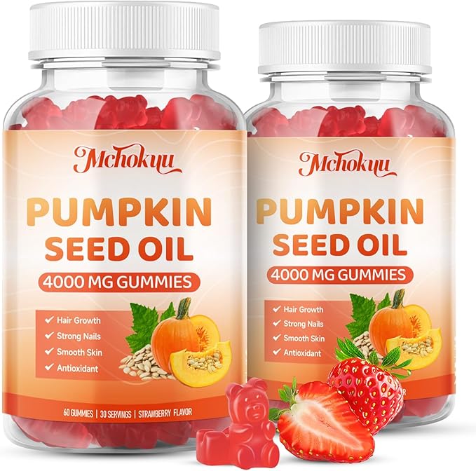 Pumpkin Seed Oil Supplement Gummies 4000mg with Saw Palmetto for Hair Growth & Skin Health, High Pure Extract for Women & Men Extra Strength Pumpkin Seed, Strawberry Flavor, 60 Count