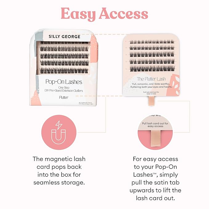 Silly George Pop-On Lashes - DIY 1-Step Pre-Glued Faux Eyelash Clusters, Natural Look Extensions, Black - Flutter, 5-7 Pair Set, Pack of 60 Clusters