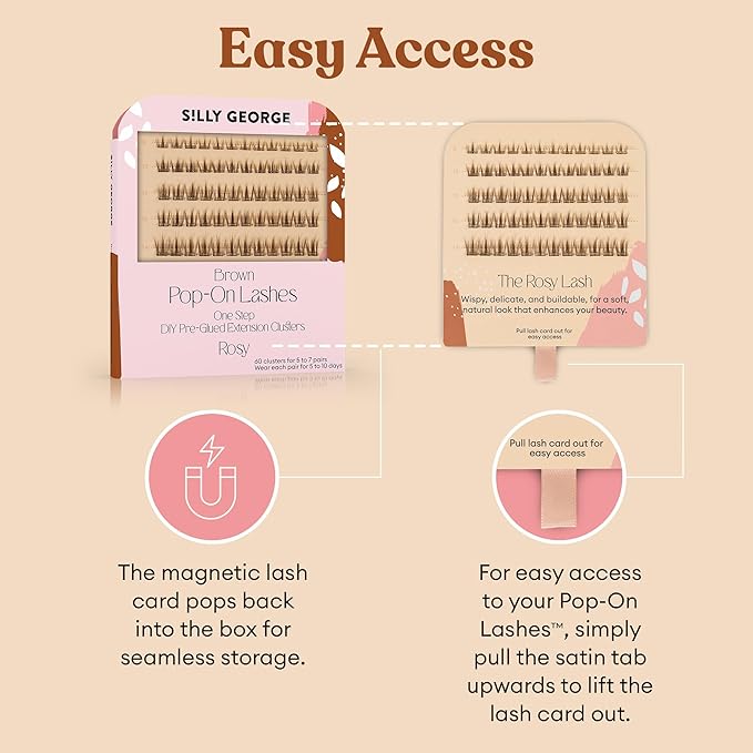 Silly George Pop-On Lashes - DIY 1-Step Pre-Glued Faux Eyelash Clusters, Natural Look Extensions, Brown - Rosy, 5-7 Pair Set, Pack of 60 Clusters