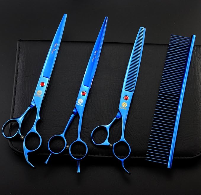 Purple Dragon 8 inch 3 in 1 Professional Pet Grooming Thinning Scissors - Upward Curved Shears and Dog Hair Cutting Scissor - Perfect for Pet Groomer or Family DIY Use (Blue)