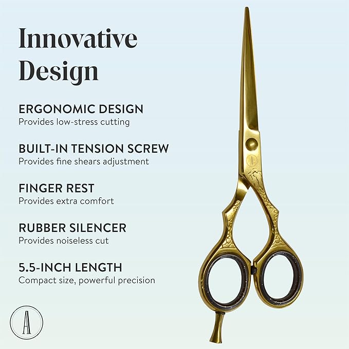 ANDUSTRIAL - Professional Hair Cutting Scissors/Shears For Men/Women/Home/Salon - Premium High Carbon Steel Quality - Smooth And Sharp - Double Notch - 5.5 Inch, Gold