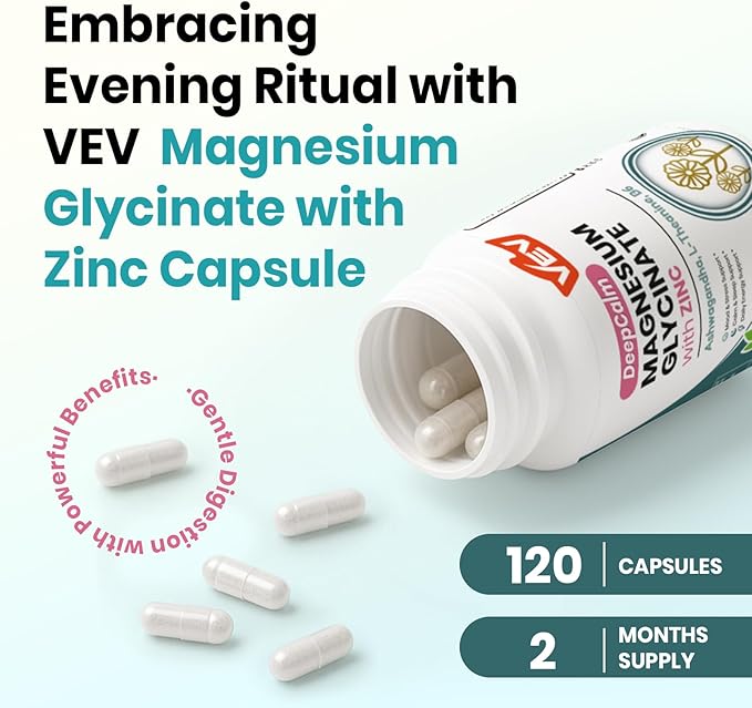 VEV DeepCalm Magnesium Glycinate and Zinc Supplement with Vitamin B6, Ashwagandha & L-Theanine – Cortisol Supplements for Daily Balance – 120 Vegan Capsules