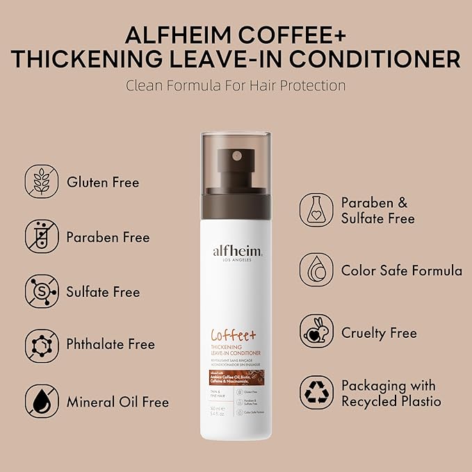 ALFHEIM Coffee+ Thickening Leave-in Spray for Fine & Thinning Hair with Caffeine, Biotin & Arabica Coffee Oil – Strengthening, Volumizing & Heat-Protecting Formula – Sulfate-Free – 5.4 oz / 160 ml