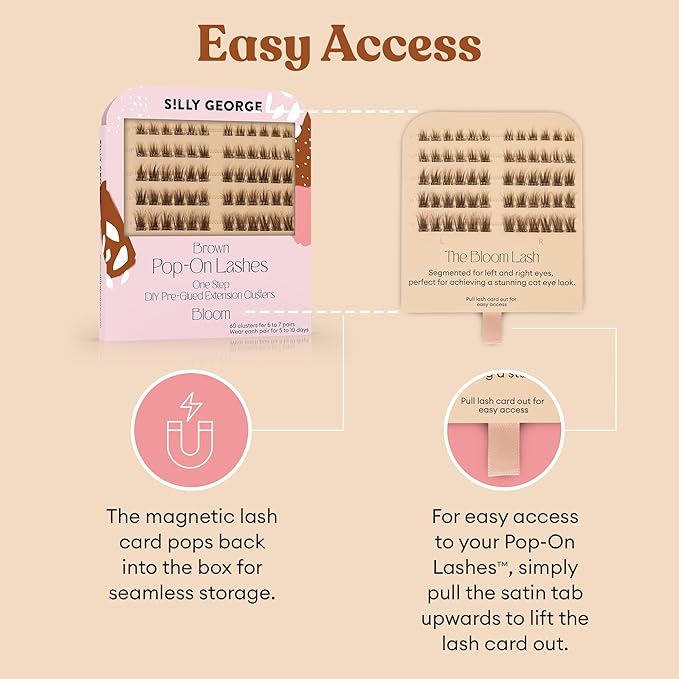 Silly George Pop-On Lashes - DIY 1-Step Pre-Glued Faux Eyelash Clusters, Natural Look Extensions, Brown - Bloom, 5-7 Pair Set, Pack of 60 Clusters